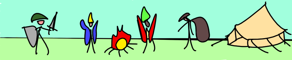 A stick figure drawing of a larp scene. A bell tent lies on the right with an open door, to the left a pedlar travels with their wares, to the left two magicians practise a ritual by a roaring fire, to the left a warrior bears a sword and shield.