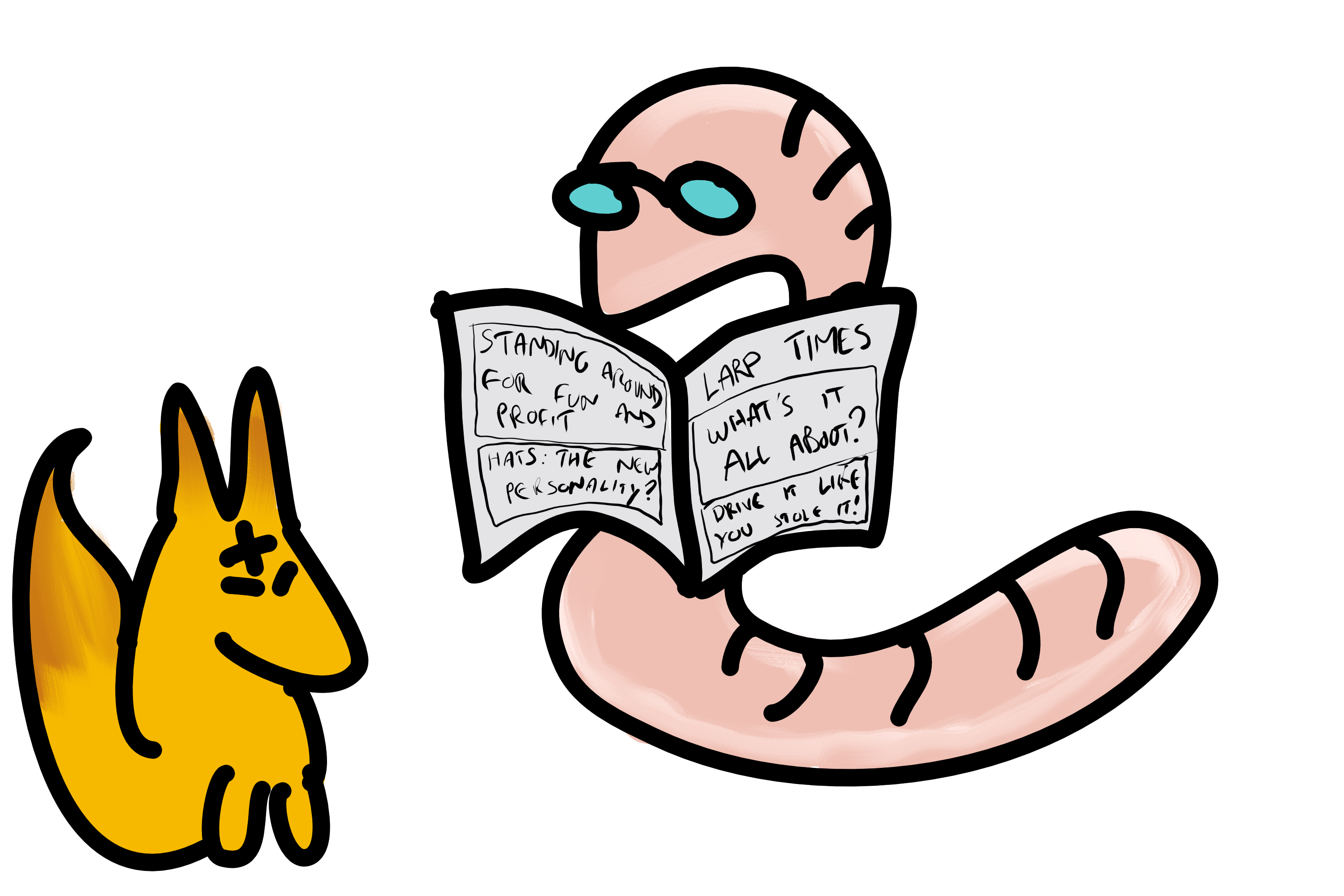 LARP Worm is perusing a newspaper, the LARP Times, while LARP Fox sits nearby, presumably listening to tales of LARPs from around the world.