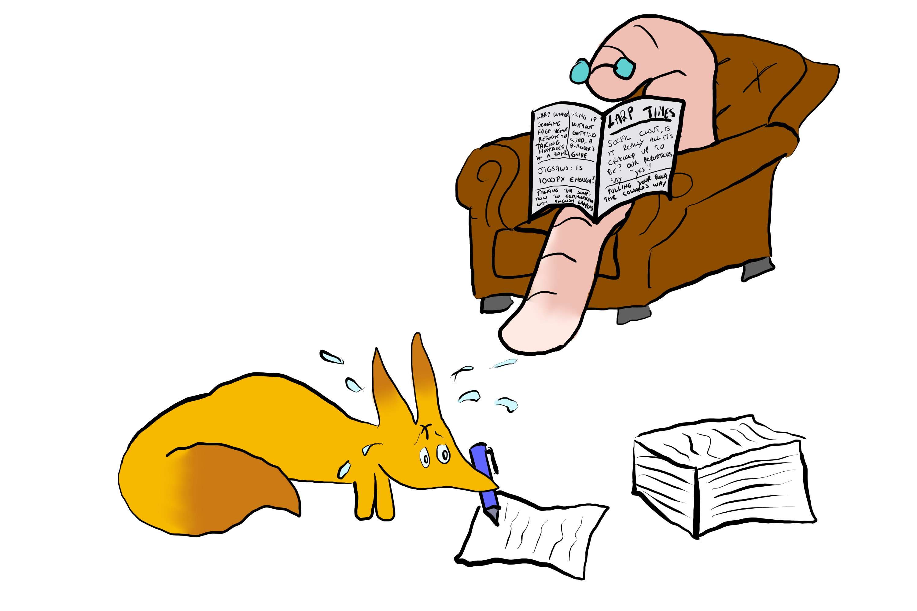 LARP Fox is trying frantically to finish off the writing for a LARP, beads pf sweat fly off its head as it holds a pen in its snout. Meanwhile, LARP Worm is relaxed and reading the LARP Times in a comfy armchair.